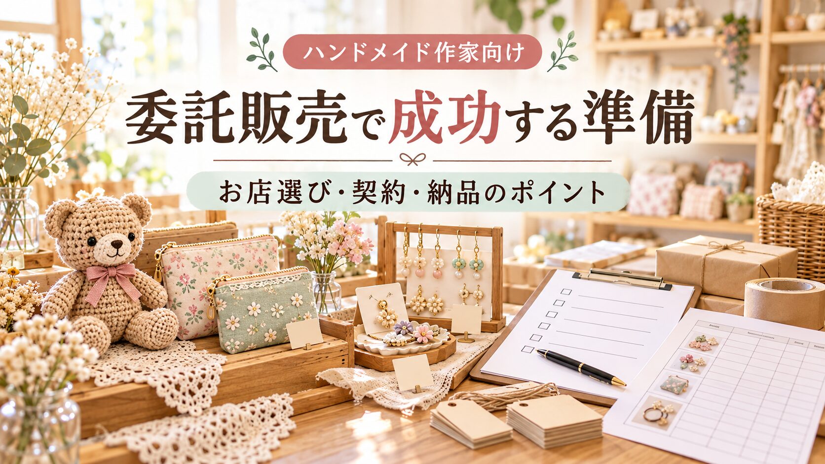 委託販売に向けてハンドメイド作品・値札・納品書を準備する様子を表した記事のアイキャッチ
