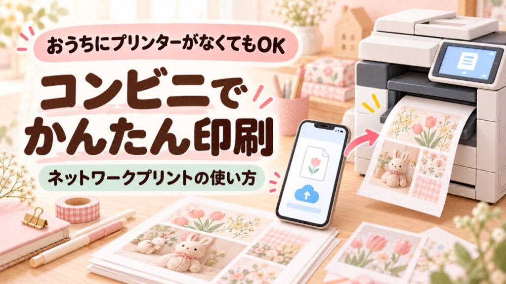 スマホからコンビニのマルチコピー機へデータを送り、ネットワークプリントで印刷する方法を紹介するアイキャッチ