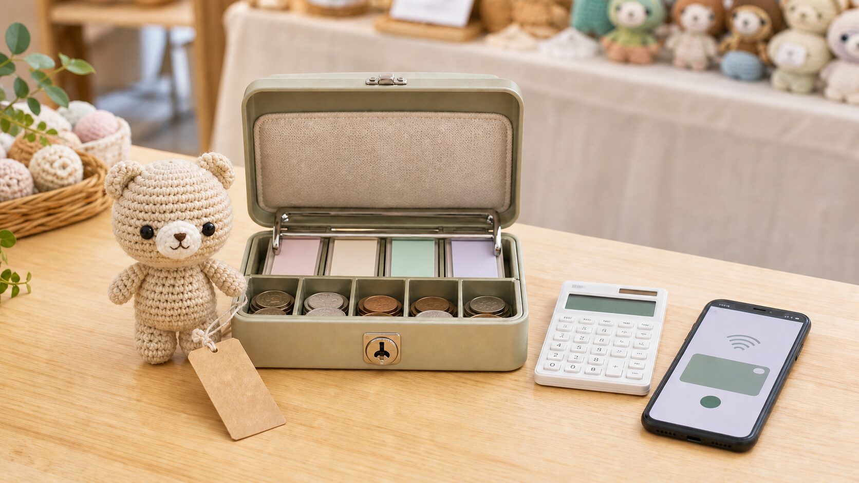 値札付きのあみぐるみと釣銭ケース・電卓・スマホを並べたイベント会計準備