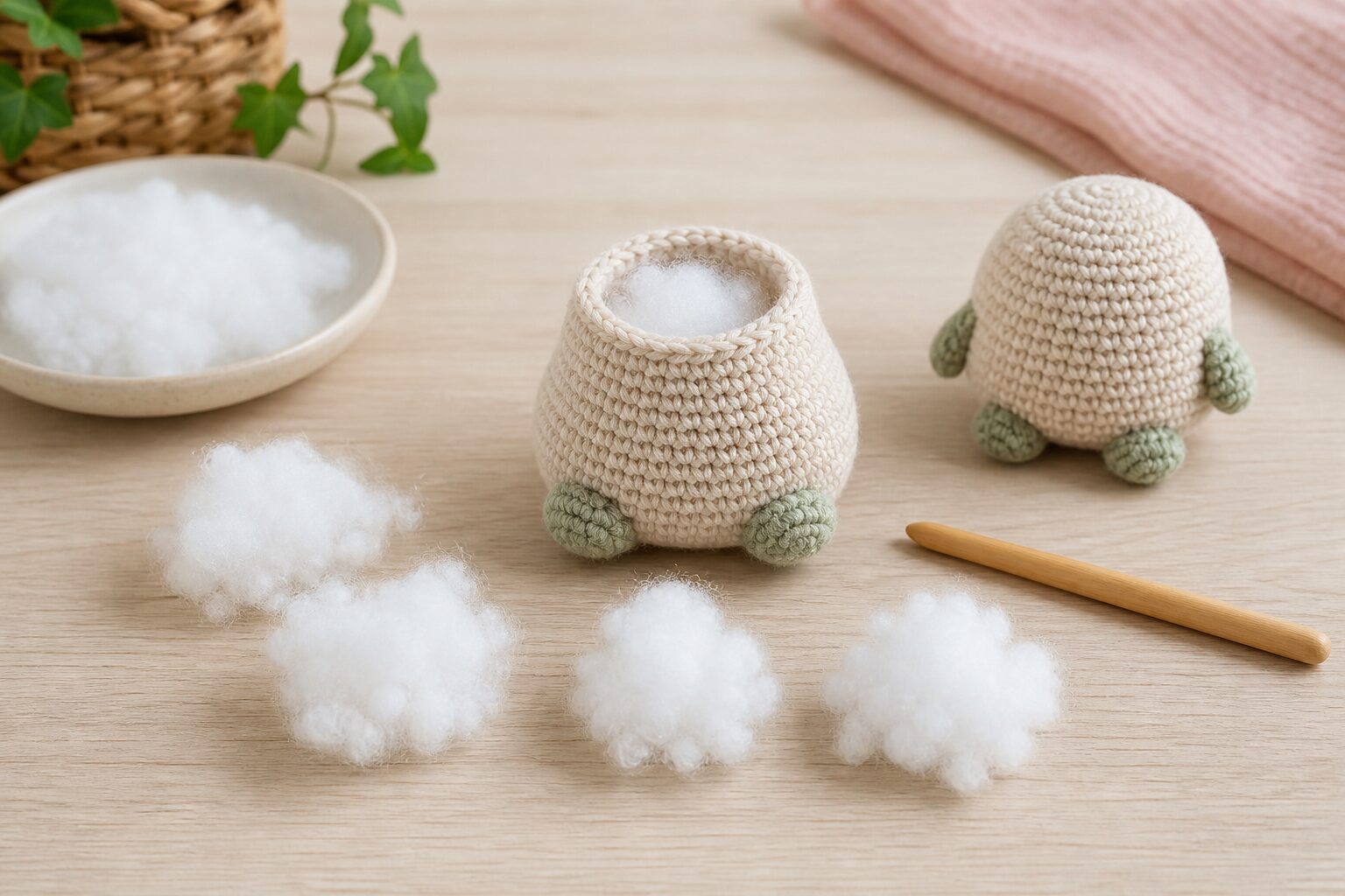 少量ずつ分けた手芸わたを、開いたあみぐるみへ詰める工程