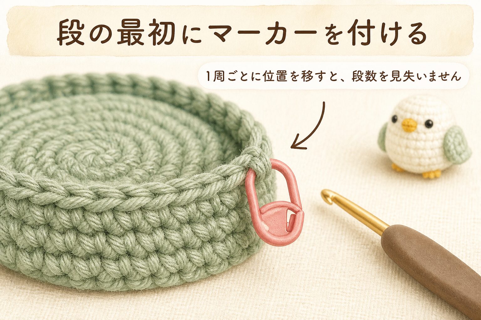 あみぐるみの段の最初にステッチマーカーを付けた図解