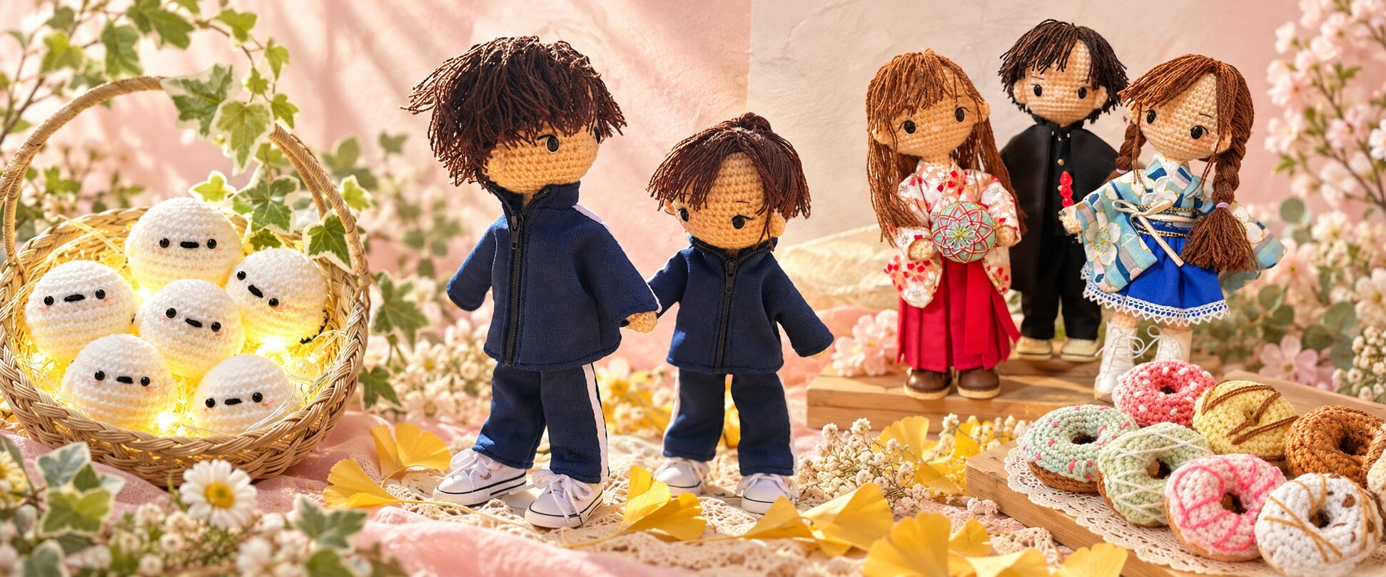 シマエナガや人物、ドーナツなどのあみぐるみ作品を並べたメインビジュアル