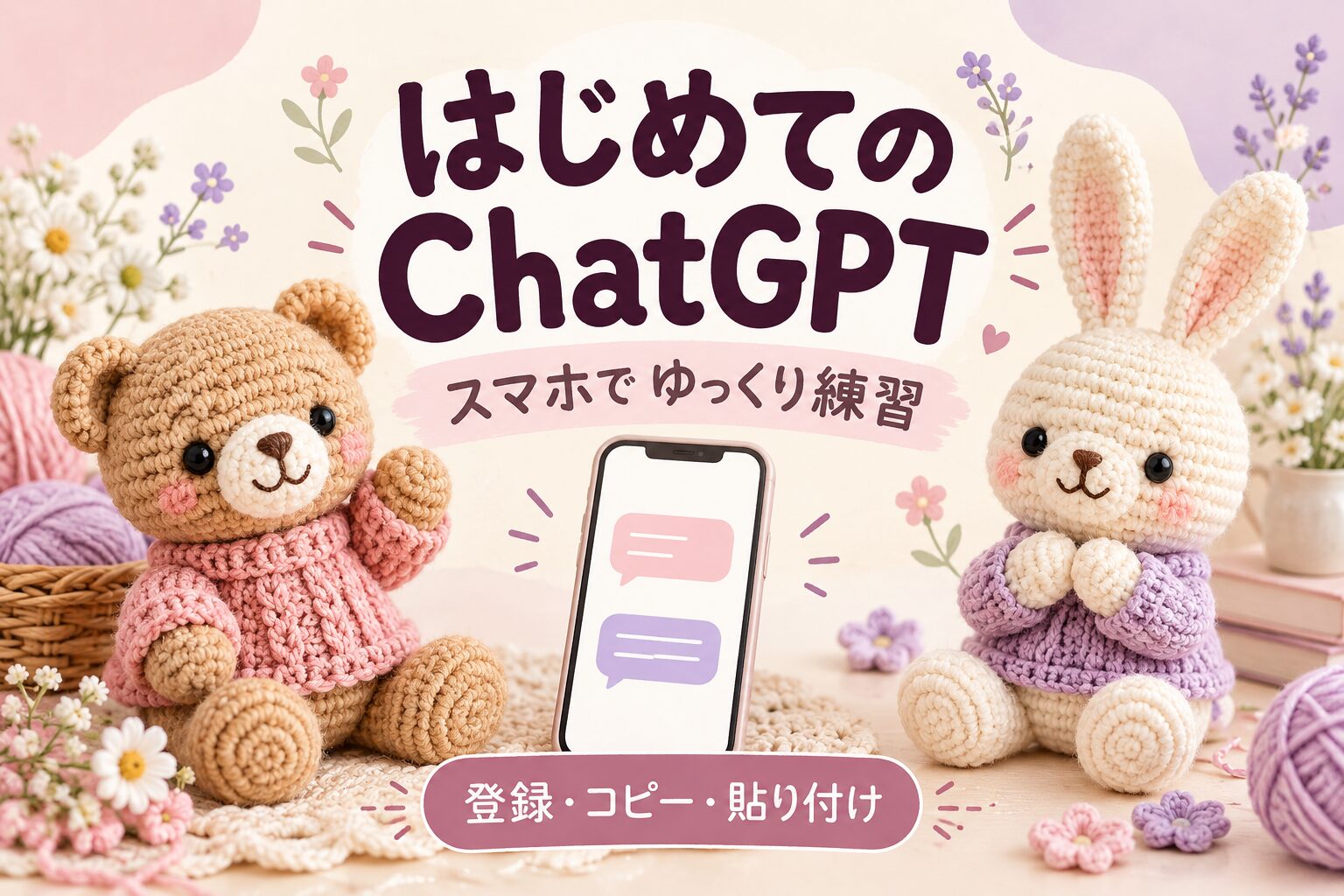 あみぐるみのくまとウサギが案内する、はじめてのChatGPT。スマホで登録・コピー・貼り付けを練習する無料ガイド。