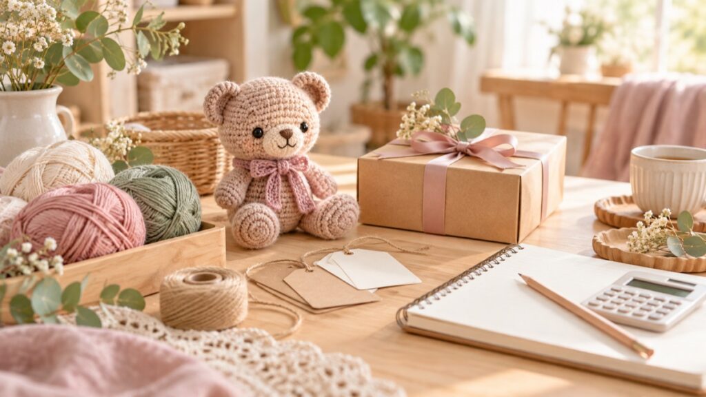 あみぐるみ・毛糸・梱包箱・ノート・電卓を並べたハンドメイド販売の作業風景
