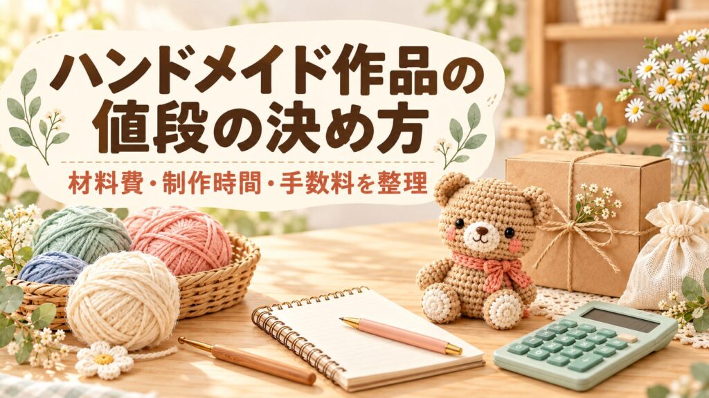 ハンドメイド作品の値段の決め方を、毛糸・あみぐるみ・梱包材・電卓とともに示したアイキャッチ画像