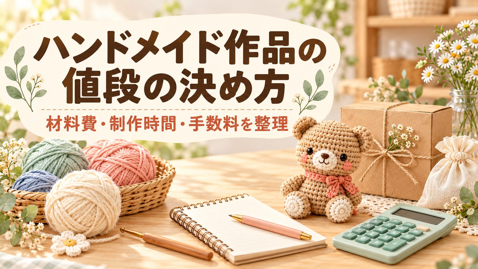 ハンドメイド作品の値段の決め方を、毛糸・あみぐるみ・梱包材・電卓とともに示したアイキャッチ画像