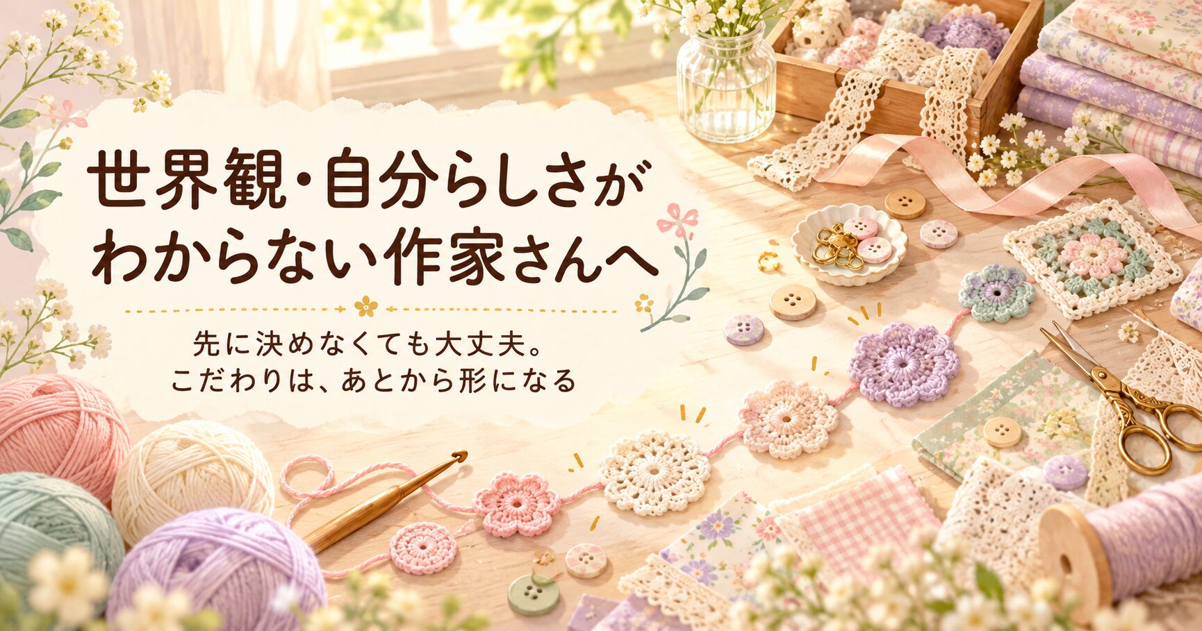 毛糸やかぎ針、レースや花のモチーフが並ぶ、世界観と自分らしさに悩む作家さん向け記事のアイキャッチ