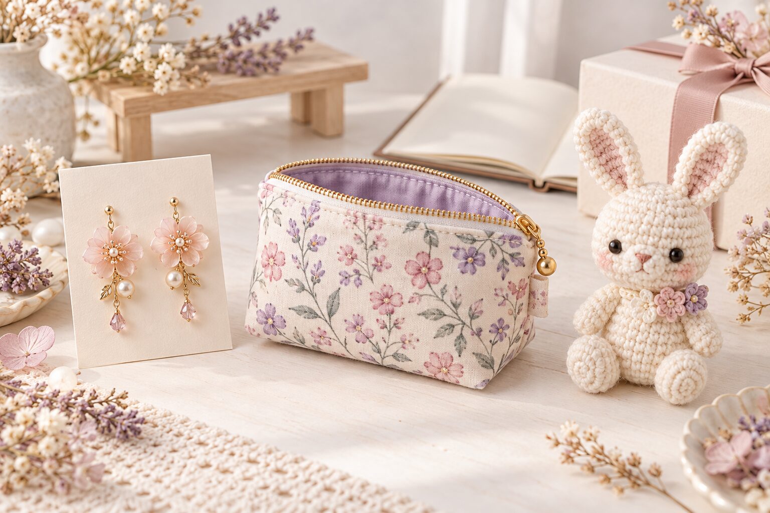 アクセサリー、布小物、あみぐるみと梱包用品を並べた販売準備のイメージ