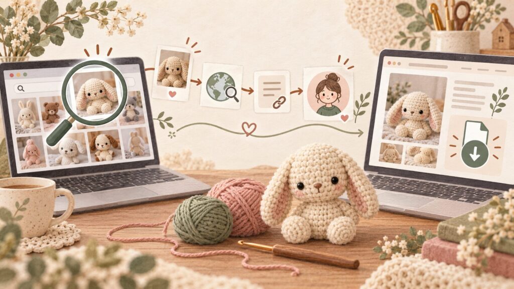 検索画像から作者プロフィールと公式配布ページへたどる流れを示したイラスト