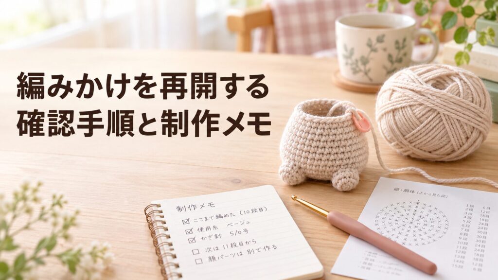 編みかけのあみぐるみ、毛糸、かぎ針、段数を書いた制作メモ